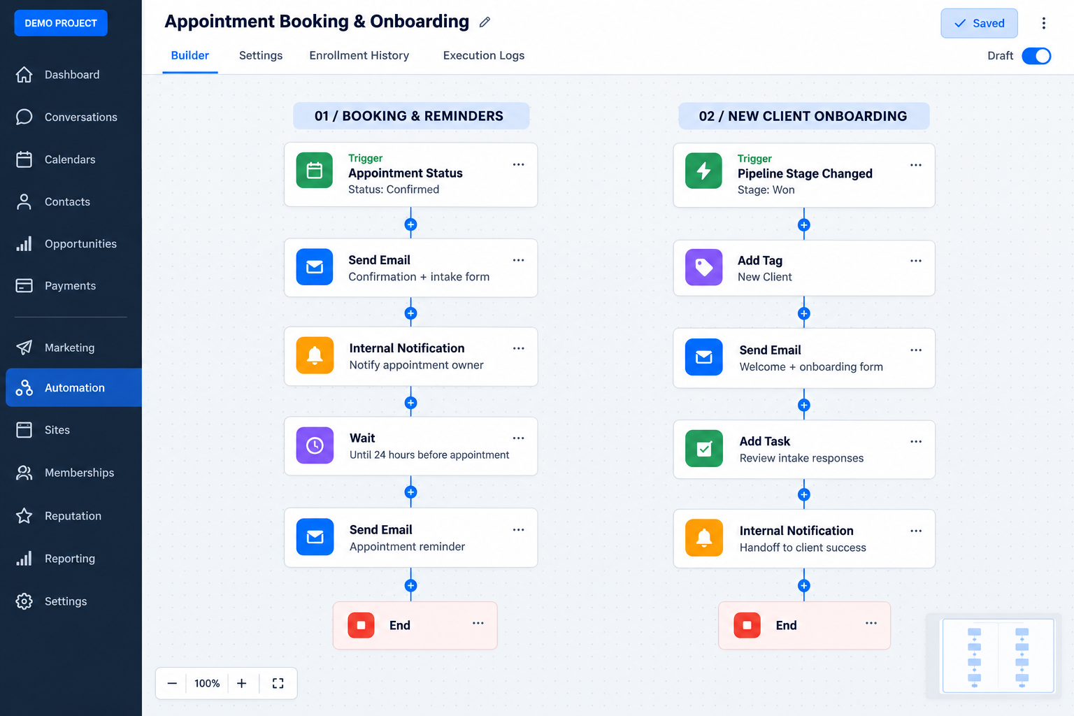 Booking reminders and new client onboarding workflows in GoHighLevel