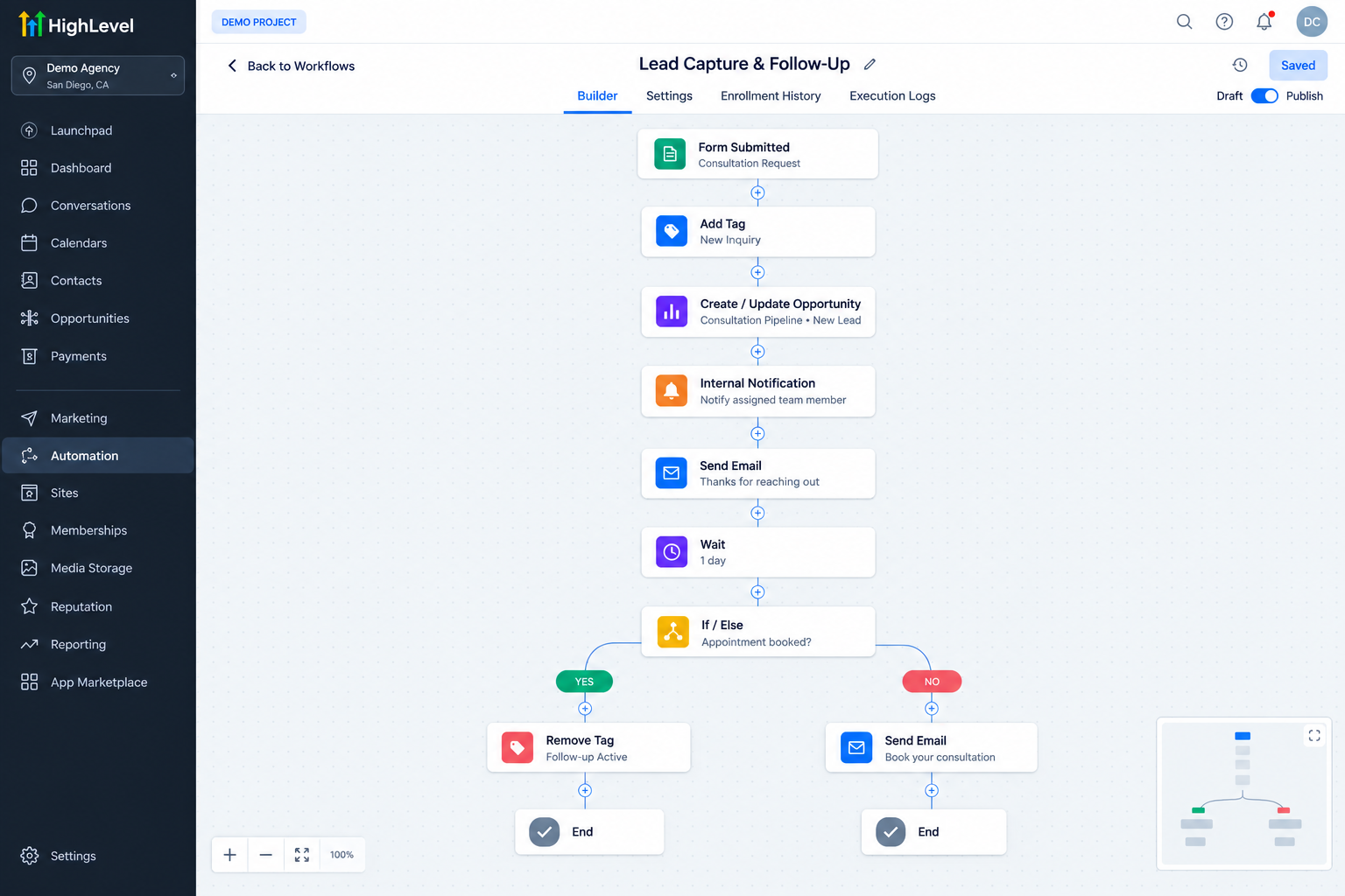 GoHighLevel workflow builder for the Lead Capture & Follow-Up demo project